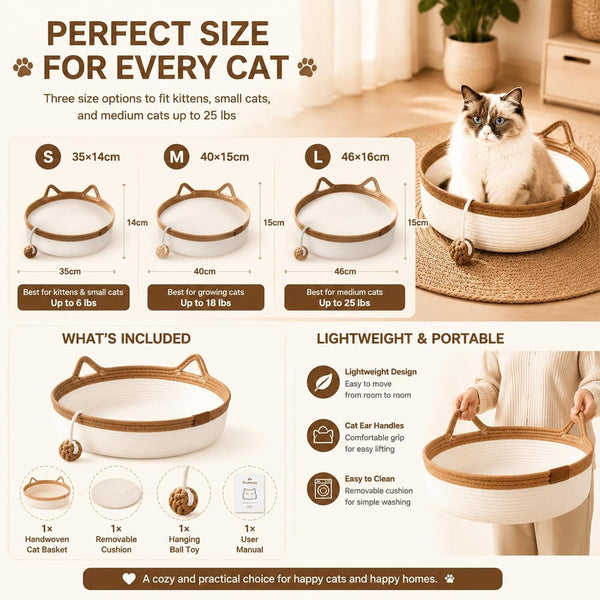 Handwoven Cat Basket Bed, Cotton Rope round Cat Scratcher Bed with Cats Ear Handles, Breathable Boho Nesting Pet Bed for Kittens and Indoor Cats (Color D,Small)7