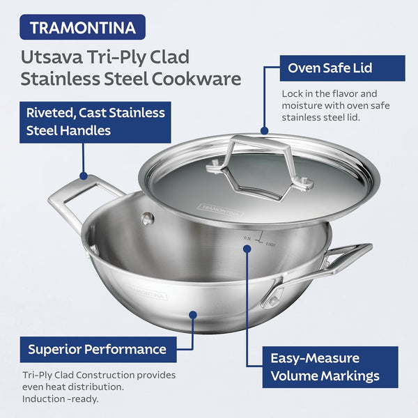 Utsava 2.75-Quart Tri-Ply Clad Stainless Steel Kadai with Lid | Kadhai Pot for Indian Cooking3