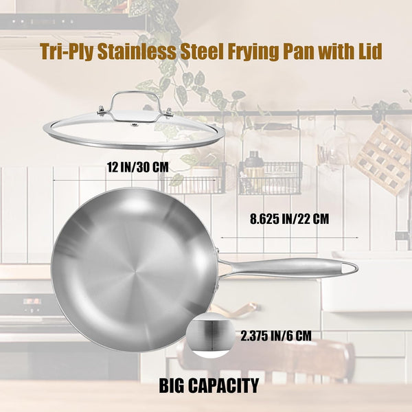 12-Inch Stainless Steel Frying Pan with Lid | PFOA & PTFE Free Skillet | Tri-Ply Stainless Steel | Fast & Even Heating | Stay-Cool Detachable Handle | Dishwasher & Oven Safe | Induction Ready7