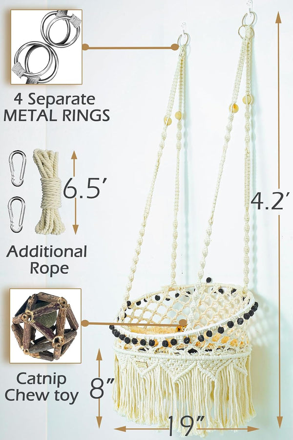KARCEEY Macrame Cat Hammock - Hanging Cat Bed for Wall & Window - Boho Swing with Full Hardware Kit & Nip Toy - Stable Heavy Duty Design for Large & Senior Felines up to 60Lbs5