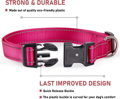 Reflective Dog Collar with Buckle Adjustable Safety Nylon Collars for Small Medium Large Dogs, Pink M | Breathable Nylon Collars for Small Medium Large Dogs, No Chafing on Walks and Outdoor Hikes, Metal D-Ring, Night Safety2