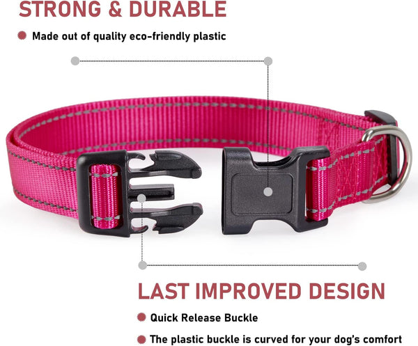Reflective Dog Collar with Buckle Adjustable Safety Nylon Collars for Small Medium Large Dogs, Pink M | Breathable Nylon Collars for Small Medium Large Dogs, No Chafing on Walks and Outdoor Hikes, Metal D-Ring, Night Safety2