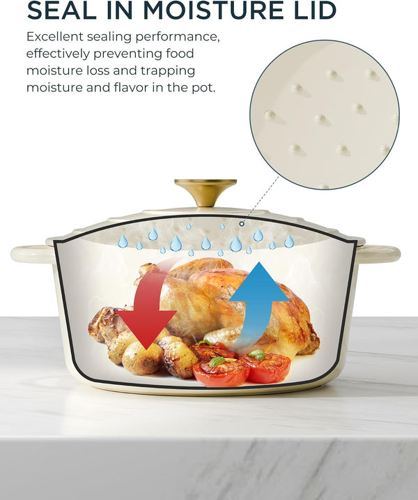Enameled Cast Iron Dutch Oven - 6QT Pot with Lid & Cotton Potholders - Heavy-Duty Cookware for Braising, Stews, Roasting, Bread Baking, Oven Safe up to 500° F & across All Cooktops, Cream White3