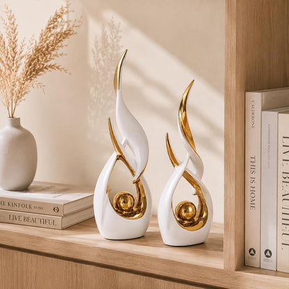 2 PCS White Gold Ceramic Statues for Home Decor Accents, Modern Abstract Art Sculptures, Elegant Tabletop Decorative Objects for Dining Room, Entryway, Tv Stand, Mantel, Coffee Table Centerpieces6