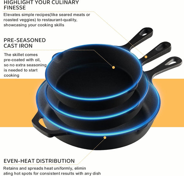 Cast Iron Skillet 3-Piece Set, Heavy-Duty Professional Restaurant Chef Quality Pre-Seasoned Pan Cookware Set, 6", 8", 10" Pans for Frying, Saute, Cooking, Use Indoor/Outdoor, Oven, Grill7