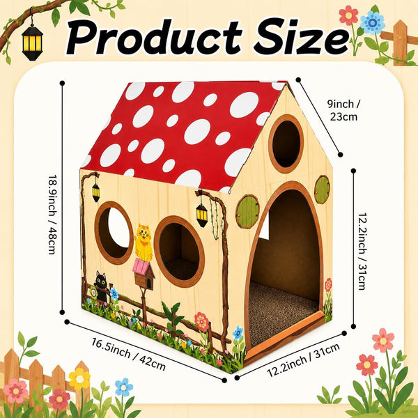 Cinrobiye Cardboard Cat House with Scratcher, Indoor Cat Condo Cat Cave Hideout with Scratch Pad, Cardboard Cat Playhouse Bed for Cats, Kittens, Rabbits & Small Pets (Mushroom)2