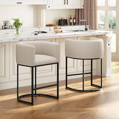 26" H Counter Height Bar Stools Set of 2, Modern Barrel Counter Stools with Backrest and Arms, Linen Fabric Upholstered Accent Barstools for Kitchen Island,Support 450 LBS (Beige)1