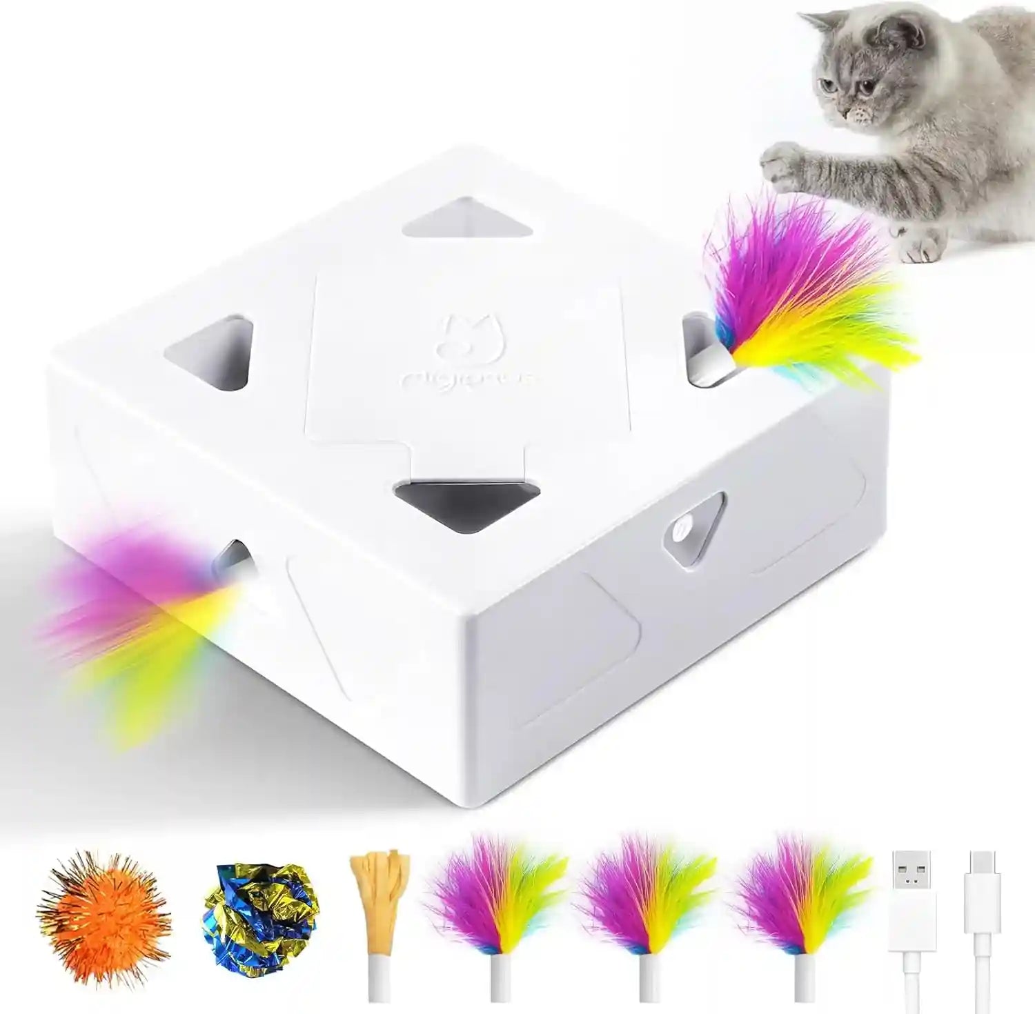 interactive-cat-toys-migibox-for-indoor-bored-cats-automatic-pop-out-feathers-from-7-holes-randomly-motion-activated-usb-rechargeable-purple-skin