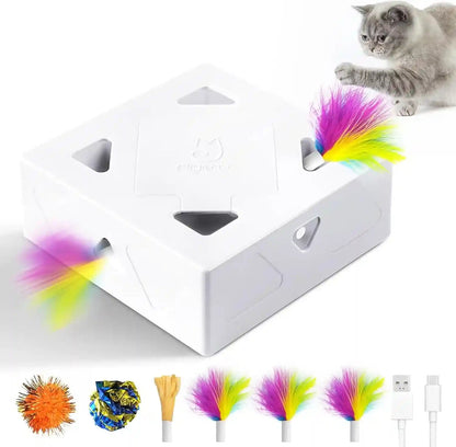 Interactive Cat Toys -Migibox for Indoor Bored Cats, Automatic Pop Out Feathers from 7 Holes Randomly, Motion Activated, USB Rechargeable (Purple Skin)1