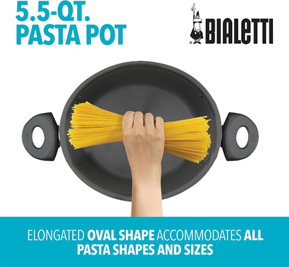 5.5-Quart Nonstick Aluminum Pasta Pot with Strainer Lid and Handles, Pfoa-Free Nonstick Oval Cooking Pot and Lid, Black2