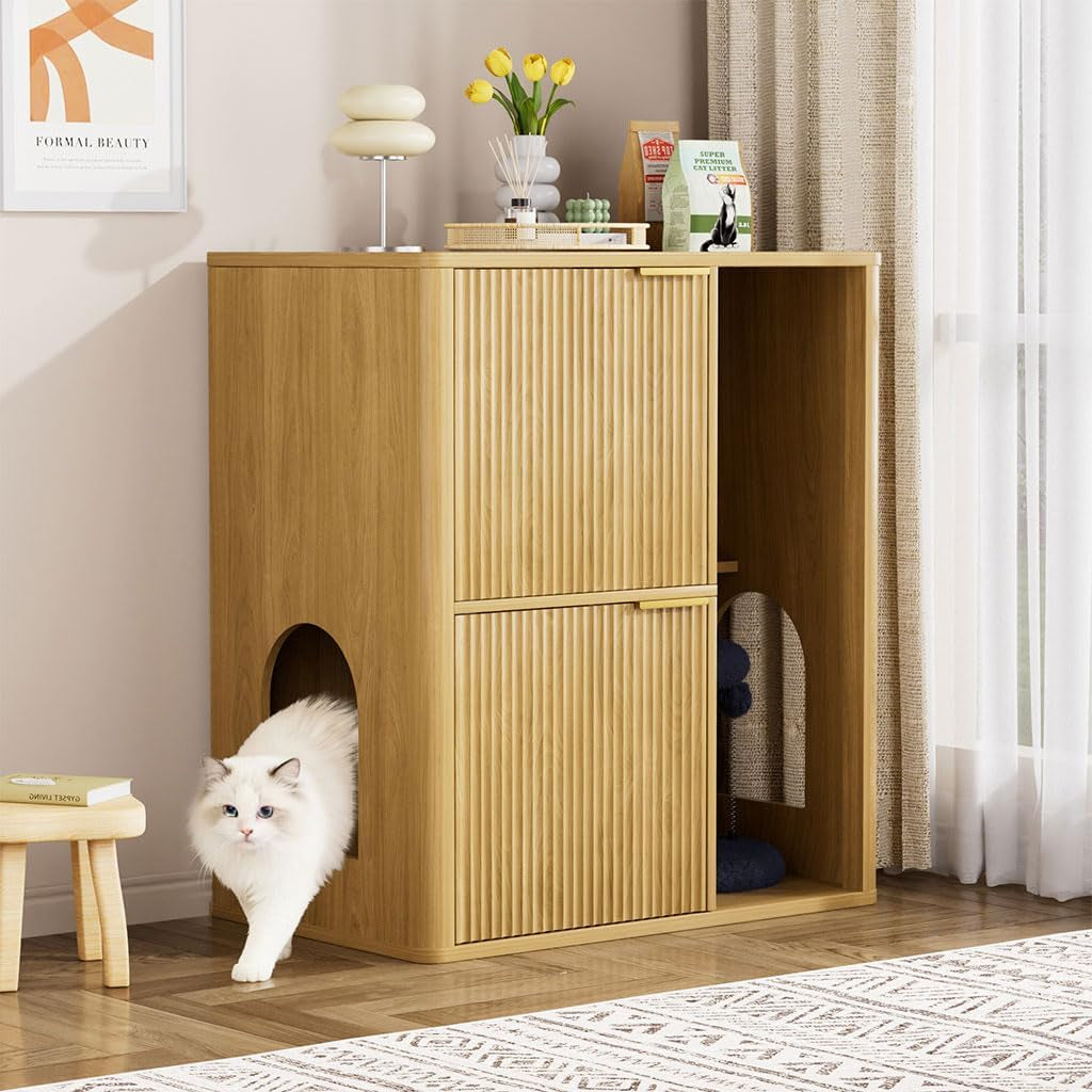 cat-litter-box-enclosure-furniture-2-storey-hidden-litter-box-cabinet-with-scratching-post-storage-shelf-fluted-modern-litter-box-enclosure-for-living-room-bedroom-natural