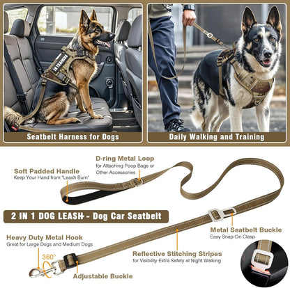 Tactical Dog Harness and Leash Set with 10 Patches for Large Dogs | Heavy Duty No Pull Service Animal Dog Vest with Dog Seat Belt ,Adjustable Reflective Easy Walk for Training Hiking Camo L2