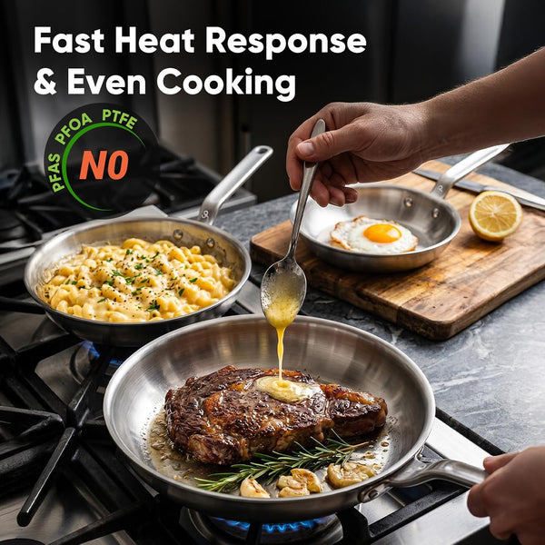 12" 5-Ply Stainless Steel Frying Pan | Dual Aluminum Core, Uncoated Surface, Oven & Broiler Safe 800°F, Induction Ready, Dishwasher Safe, Searing & Family Meals6