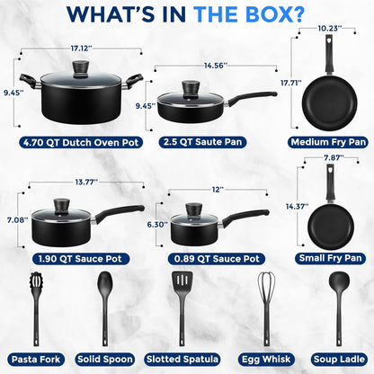 Kitchenware Pots & Pans Basic Kitchen Cookware, Black Non-Stick Coating Inside, Heat Resistant Lacquer (15-Piece Set), One Size3