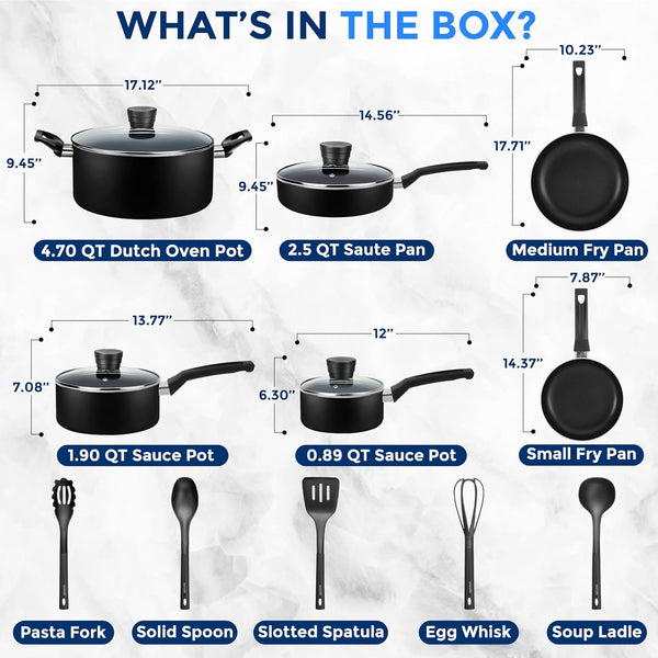 Kitchenware Pots & Pans Basic Kitchen Cookware, Black Non-Stick Coating Inside, Heat Resistant Lacquer (15-Piece Set), One Size3