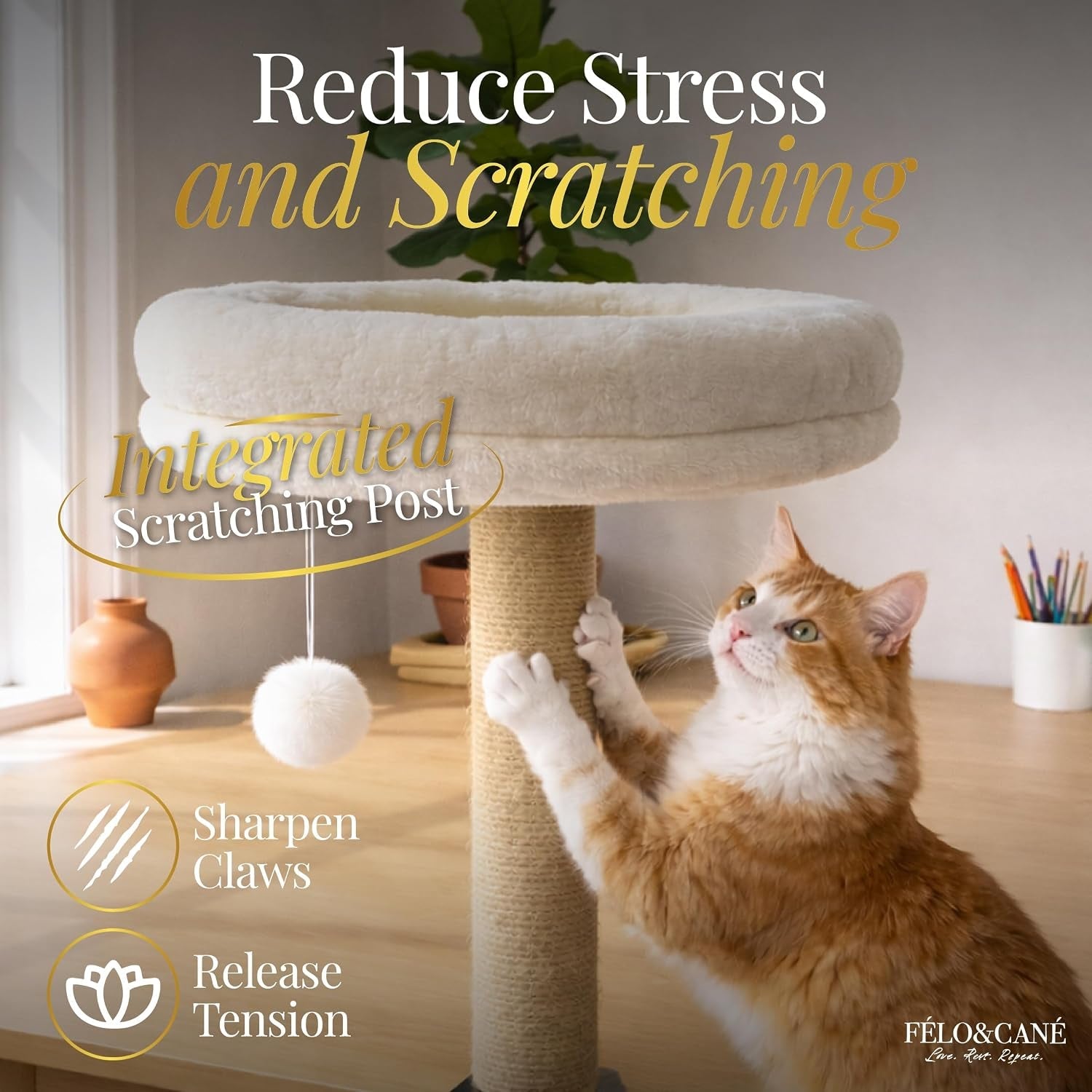 felo-cane-desk-cat-bed-with-scratching-post-toy-ball-space-saving-clamp-on-cat-hammock-for-desk-elevated-cat-perch-for-work-from-home-sturdy-metal-frame-soft-plush-cushion-up-to-11-lbs