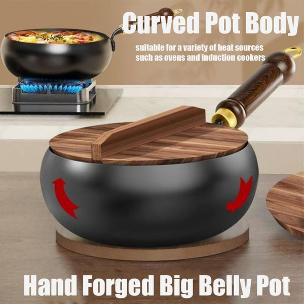 Iron Pot, 7.87-11.81 Inch Uncoated Iron Pan with Lid, No Chemical Coated Flat Bottom Japanese Pans, Woks & Stir-Fry Pans Set for Induction, Electric, Gas (Wooden Lid, 7.87In)3
