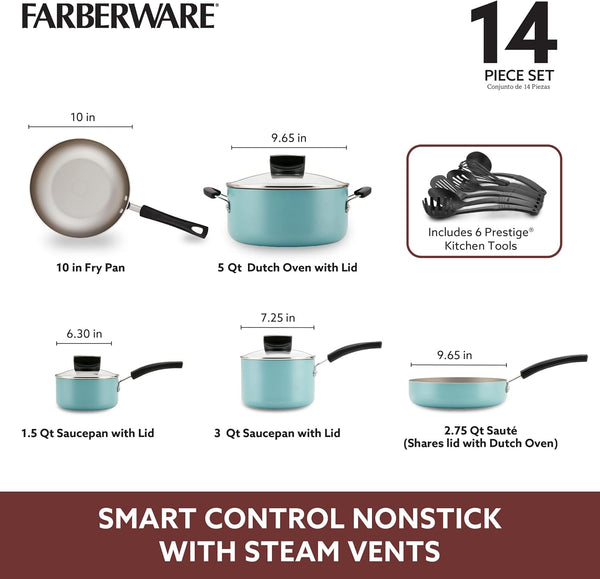 Smart Control Nonstick Cookware Pots and Pans Set, 14 Piece, Aqua8