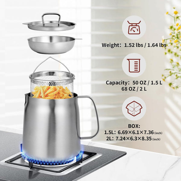 68Oz 304 Stainless Steel Deep Fryer Pot with Basket & Strainer, Large Capacity Bacon Grease Container for Kitchen,Frying, Cooking, Camping,Oil Filter Container - Dishwasher Safe (68Oz/2L/2.1Qt)2