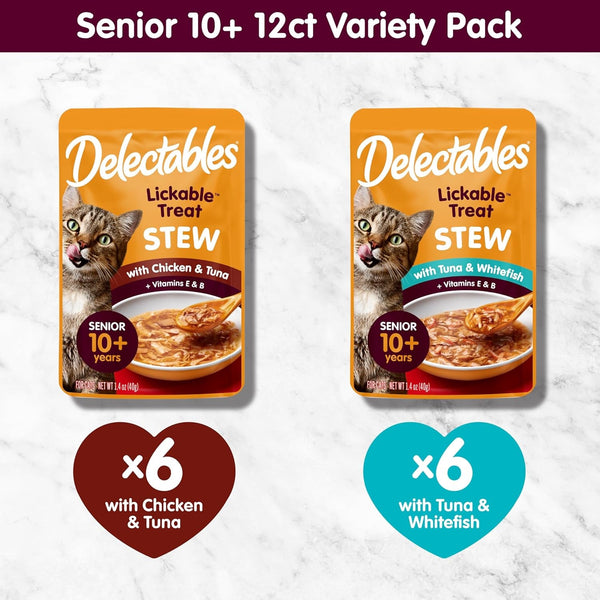 Delectables Lickable Treat Stew Senior 10+ Wet Cat Treat with Real Chicken, Food Topper, Hydrating, Grain-Free, No Fillers, No By-Products, No Added Preservatives, 1.4Oz Pouch, 12Ct6