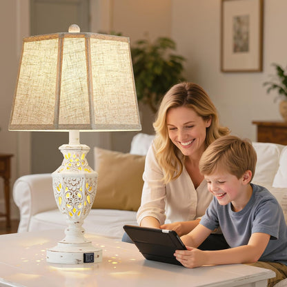 Lamps for Night Stands Set of 2-23.5" Boho Bedside Lamp with USB A+C and Nightlight - Cream Rustic Carved Resin Farmhouse Table Lamp for Bedrooms, End Tables, Living Room, Bulbs Included5