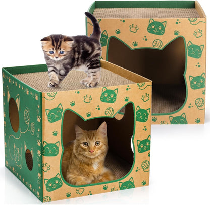 Pumtus 2 Pack Cardboard Cat Houses, Cat Play House with 2 PCS Scratching Pad, Corrugated Kitten Hideaway Cave, Cute Cats Condos Box, Cat Scratching Toy, Scratcher Bed for Indoor Cats, Kittens, Bunny1