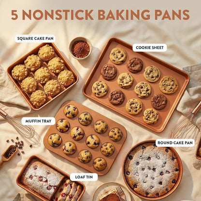 Hammered 20Pc Pots and Pans Set Non Stick Ceramic Cookware Set | Deep Frying Pan & Bakeware Set Included, Non Toxic PFOA/PFOS/PTFE Free, Induction Compatible, Oven & Dishwasher Safe5