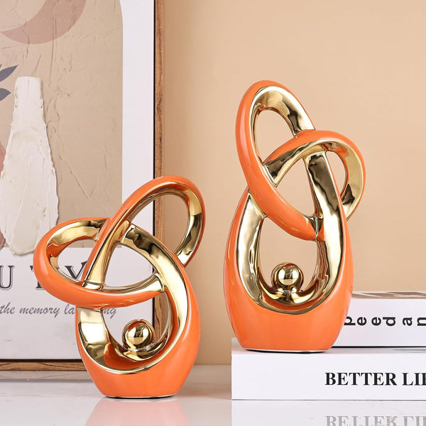 Orange Modern Abstract Art Home Decor Accent,Statues Coffee Table Decor for Living Room,Table Centerpieces for Dining Room,Ceramic Sculptures and Gold Knick Knacks for TV Stand Decor (Orange Gold)4