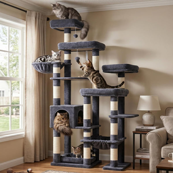 Hey-Brother Cat Tree Tower, Wide Base, 5 Platforms for Multi-Cats, MPJ074MJ | 72.8 Inches Tall Furniture, 5 Plush Beds, Large Condo, Big Hammocks, Sisal Scratching Posts, for Indoor Adult Cat Beige Brown11