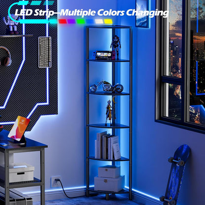 6 Tier Corner Shelf with LED Light, 67.5" Black Narrow Bookshelf | Tall Standing Shelf Organizer, Storage Rack for Wall Corner, Living Room, Bedroom, Metal Frame, Wood Display Shelf4