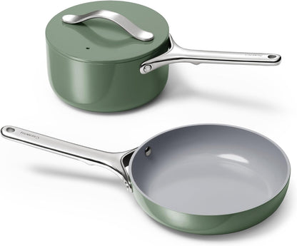 Caraway Non-Stick Ceramic Mini Cookware Set | Ceramic Fry Pan (1.05 Qt, 8") Sauce Pan (1.75 Qt) and Storage Rack, Non Toxic, PTFE & PFOA Free, Sage1