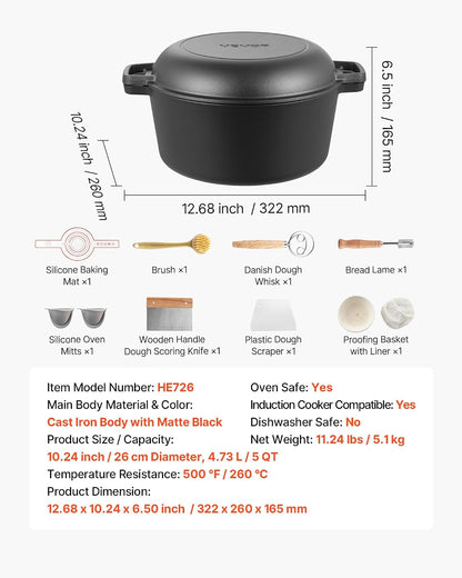 Cast Iron Dutch Oven, 2-In-1 Pre-Seasoned Pot with Skillet Lid, 5QT Cookware Pan with Proofing Basket, Bread Baking Accessories, Bread-Oven Compatible 500℉7