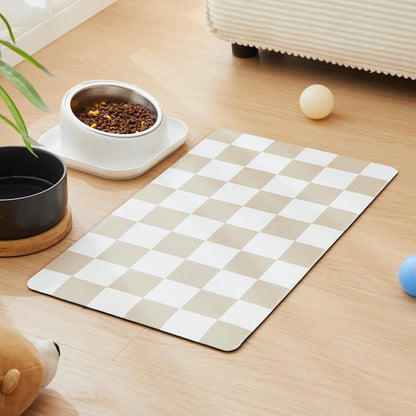 Checkered Dog Feeding Mat, Absorbent Mats for Dog Food and Water Bowl, Dispenser, Retro Aesthetic Khaki Beige Checkerboard Pet Placemat for Dogs, Cats, Puppy Accessories, 12" X 19”1
