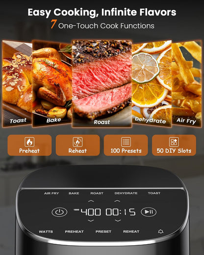 Brio plus Air Fryer 8 Qt, New & Improved, Pfas-Free Ceramic Coating | 7 Digital One-Touch Modes: Air Fry/Bake/Roast/Dehydrate/Toast/Reheat/Preheat; 150 Presets; 50°F-400°F; 700/1500/1800W; Black2