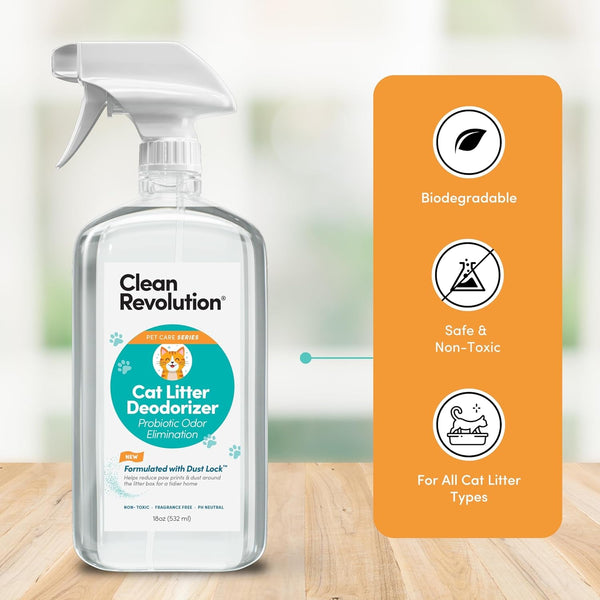 Clean Revolution Cat Litter Deodorizer Spray – 18Oz, Probiotic Odor Elimination with Dustlock™, Fragrance-Free, Extends Litter Life, Non-Toxic, Safe for All Cats, Made in USA2