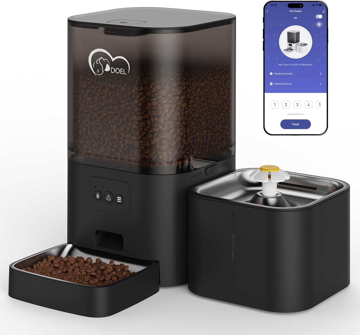 doel-2-4ghz-wifi-automatic-cat-feeder-and-water-fountain-6l-24-cups-timed-dry-food-dispenser-for-2-5-weeks-with-app-remote-control-voice-for-small-medium-dog-puppy-kitten