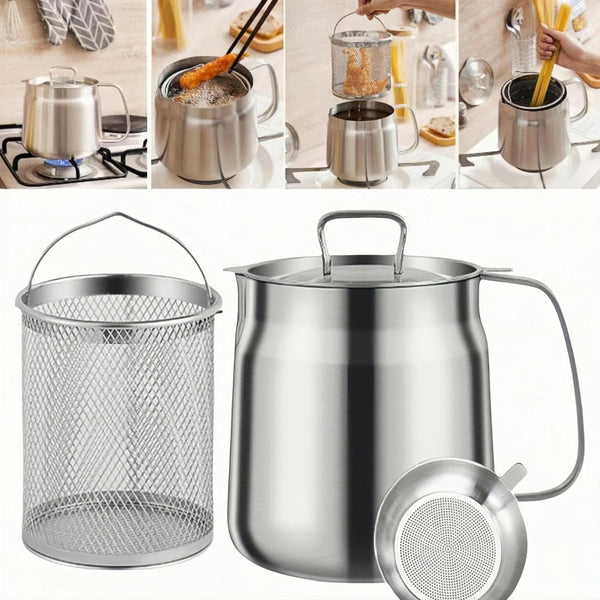 68Oz 304 Stainless Steel Deep Fryer Pot with Basket & Strainer, Large Capacity Bacon Grease Container for Kitchen,Frying, Cooking, Camping,Oil Filter Container - Dishwasher Safe (68Oz/2L/2.1Qt)1