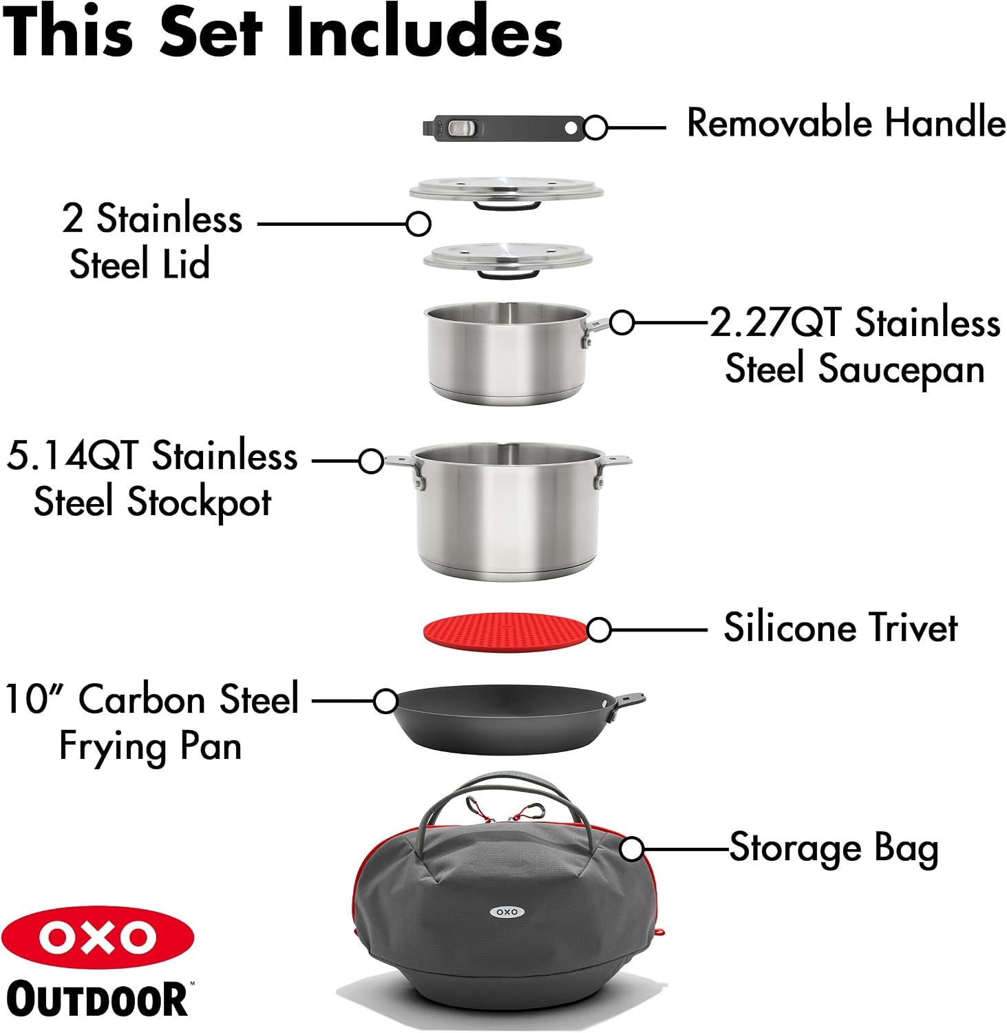 oxo-outdoor-8-piece-camping-cookware-set-10-pre-seasoned-carbon-steel-frying-pan-skillet-2-25qt-and-5qt-stainless-steel-saucepans-with-lids-removeable-handle-trivet-travel-bag-space-saving