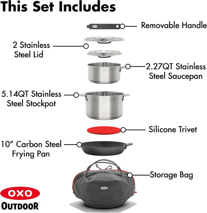 OXO Outdoor 8 Piece Camping Cookware Set, 10" Pre-Seasoned Carbon Steel Frying Pan Skillet, 2.25QT and 5QT Stainless Steel Saucepans with Lids, Removeable Handle, Trivet, Travel Bag, Space-Saving3
