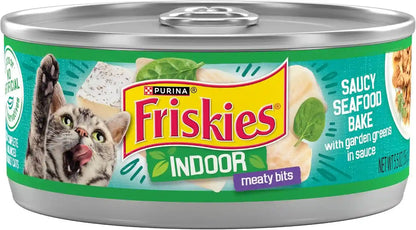 Purina Friskies Indoor Cat Food Meaty Bits Saucy Seafood Bake with Garden Greens in Sauce - (Pack of 24) 5.5 Oz. Cans1