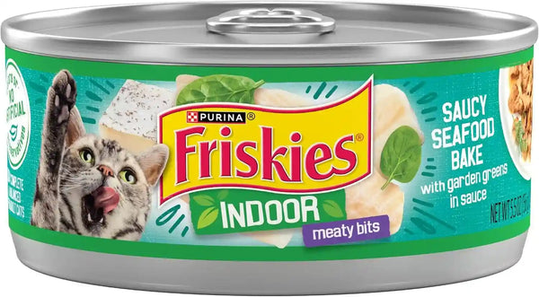 Purina Friskies Indoor Cat Food Meaty Bits Saucy Seafood Bake with Garden Greens in Sauce - (Pack of 24) 5.5 Oz. Cans1