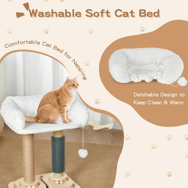 Cat Scratching Post with Bed, 4-In-1 Small Cat Tree Tower | Sisal Scratcher, Elevated Washable Bed, Track Ball Toy, Built-In Self-Groomer3