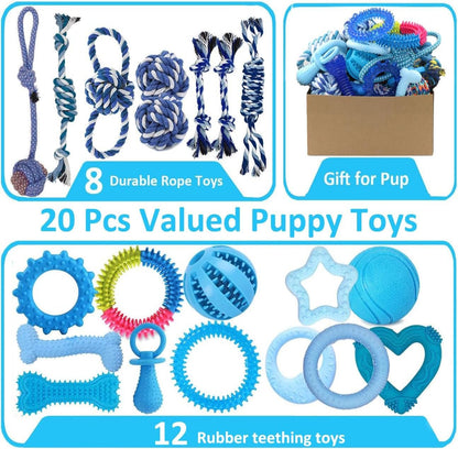 Beiker 20 Pack Puppy Chew Toys - Blue Dog Teething Toys for Puppies, Puppy Teething Rings and Ropes, Rubber Toy Bundle for Small Dogs, Cute Interactive Dog Balls for Small Breed2