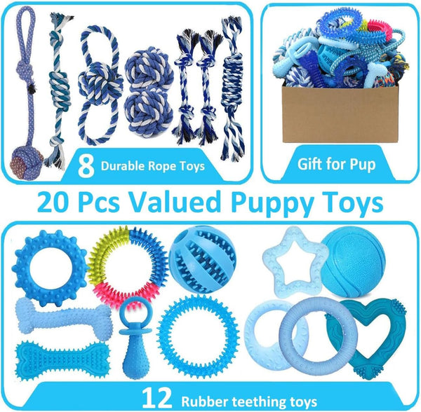 Beiker 20 Pack Puppy Chew Toys - Blue Dog Teething Toys for Puppies, Puppy Teething Rings and Ropes, Rubber Toy Bundle for Small Dogs, Cute Interactive Dog Balls for Small Breed2