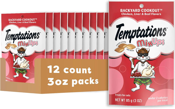 Temptations Mixups Crunchy and Soft Cat Treats, Cookout Flavor, 30 Oz | Chicken, Liver & Beef Flavors, under 2 Calories per Treat, 100% Complete & Balanced for Adult Cats, Resealable Stay-Fresh Tub16