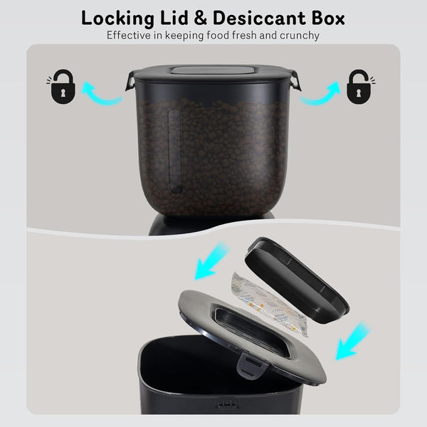 Automatic Cat Feeder and Water Dispenser FW1, Wire or Battery Cat Food Dispenser Timer Pet Feeder - Locking Lid, Desiccant Bag, Programmable Portion Control, 4 Daily Meals, 10S Voice Recorder3