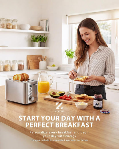 2 Slice Toaster with Countdown Timer, Wide Slots Fits Thick Bread & Bagel | 6 Browning Levels, Defrost, Reheat & Cancel, Removable Crumb Tray, Compact Design for Everyday Breakfast6