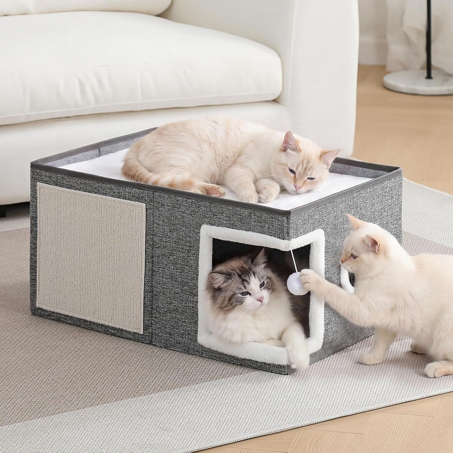 large-cat-houses-for-indoor-cats-with-fluffy-ball-and-scratch-pad-foldable-cat-bed-cave-for-multiple-pets-kitten-bed-for-all-seasons-non-slip-hold-up-to-30lbs-16x16x13inch-grey