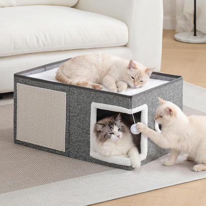 Large Cat Houses for Indoor Cats with Fluffy Ball and Scratch Pad | Foldable Cat Bed Cave for Multiple Pets, Kitten Bed for All Seasons, Non-Slip, Hold up to 30LBS, 16X16X13Inch, Grey9