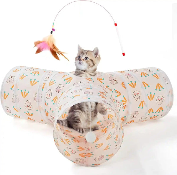 Tempcore Pet Cat Tunnel Tube Toys 3 Way Collapsible, Tunnels for Indoor Cats, Interactive Tube with Teaser Wand, Peek Holes & Hanging Ball, Black & Blue13